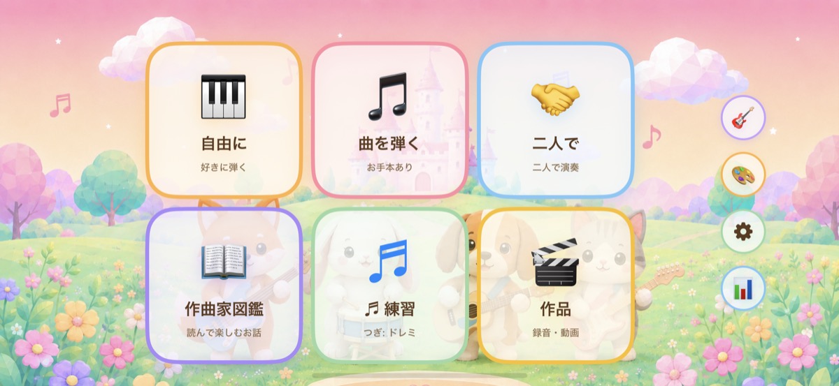 ホーム画面 — 自由に・曲を弾く・二人で・作曲家図鑑・練習・作品の6モード