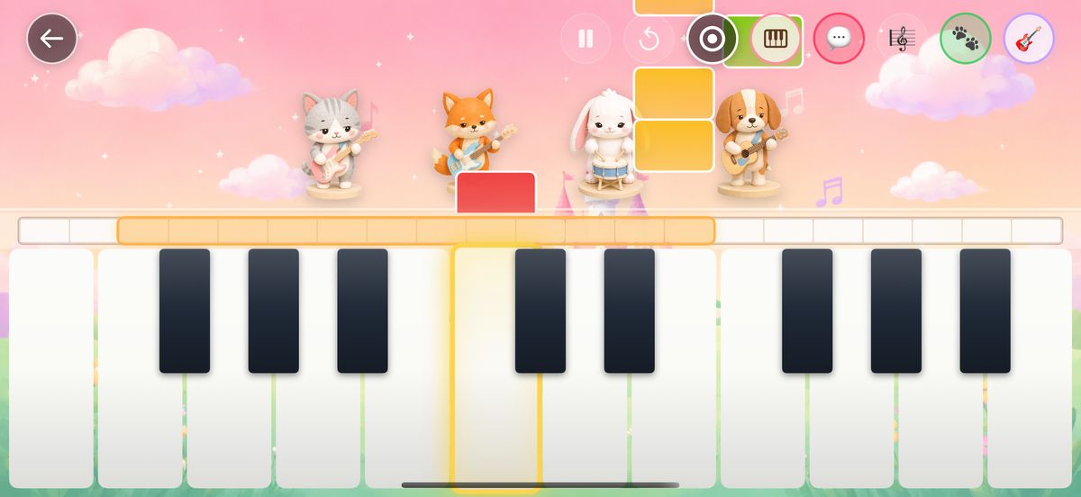 曲を弾くモード — 上から落ちてくるノートに合わせて鍵盤をタッチ