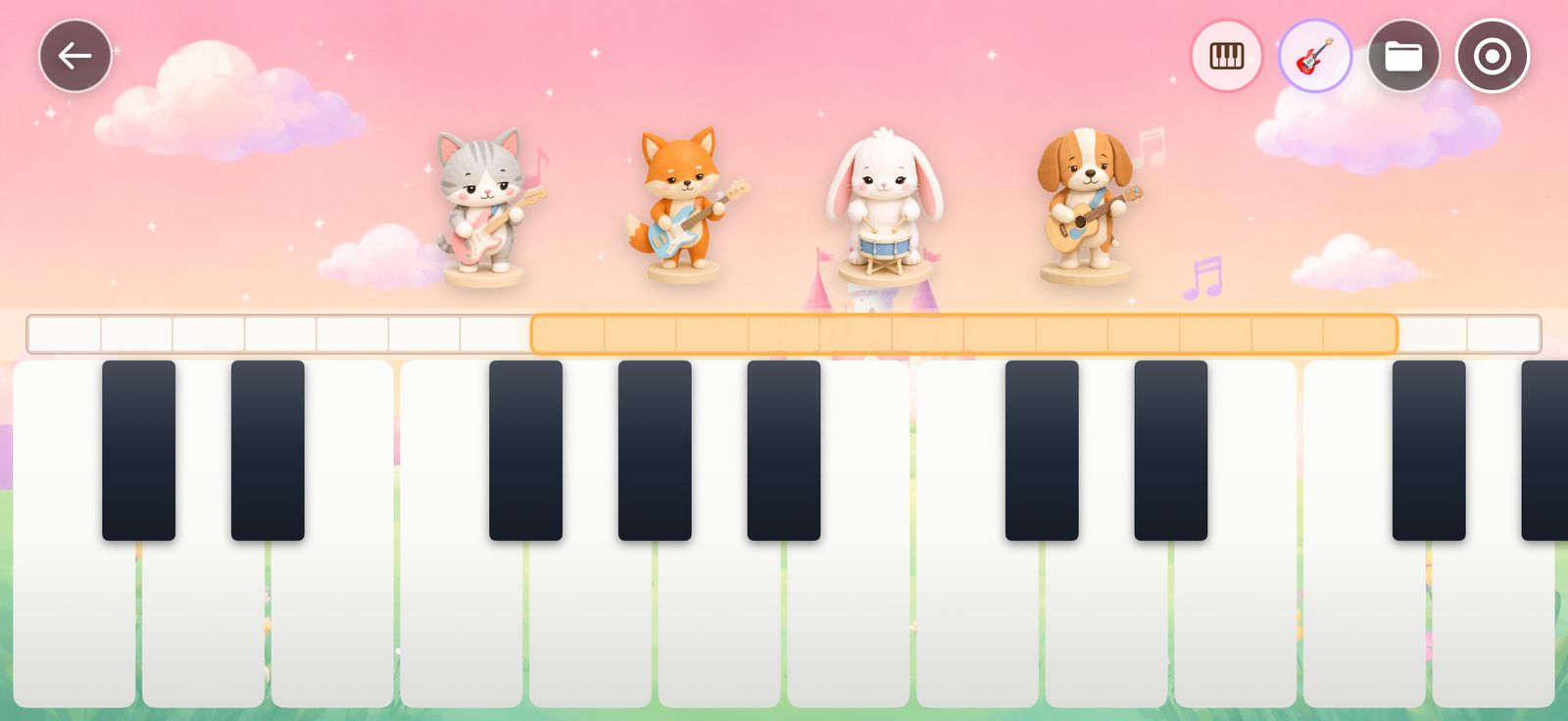 Plush Keys の演奏画面 — パステルの空の下、ぬいぐるみの動物バンドと大きな鍵盤