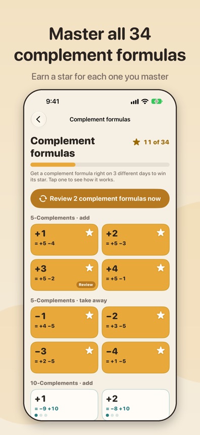 The 34 complement formulas, with a star for each one mastered