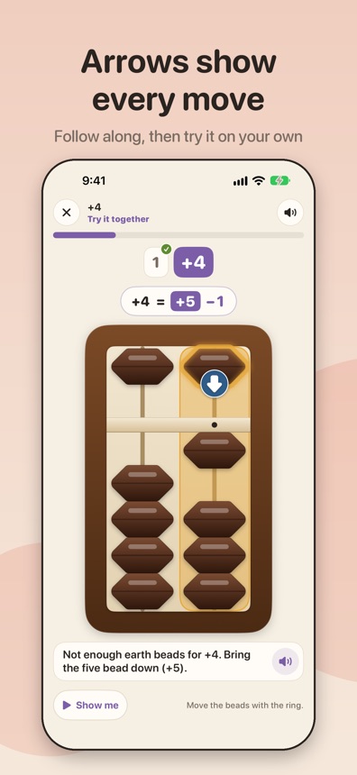 A lesson where arrows show every bead move