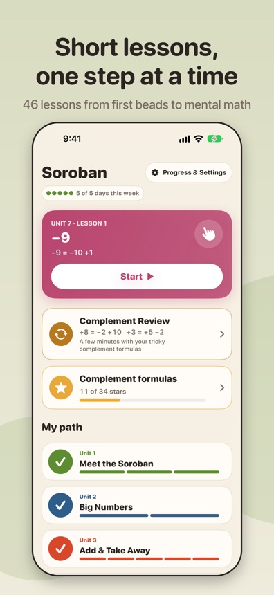 The home screen with short lessons, one step at a time